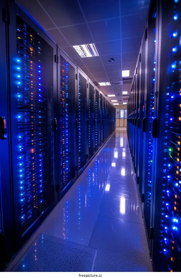 Server Room with Rows of Data Racks and Blue Lights