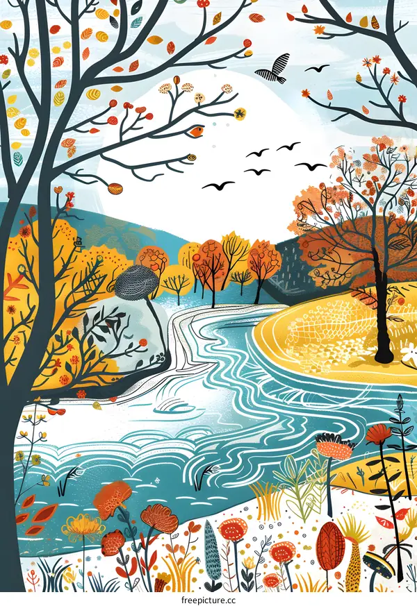 Autumn Landscape Illustration With River And Trees