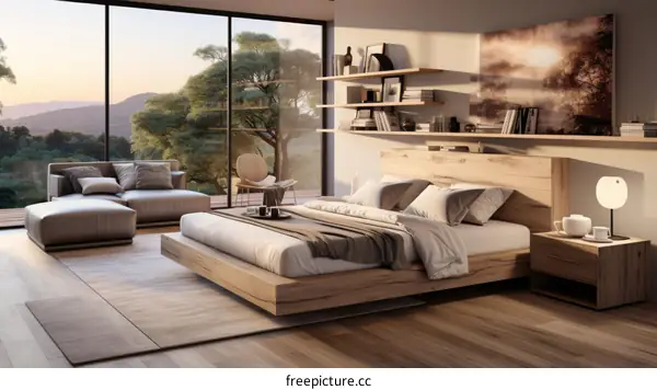 Minimalist Bedroom with Forest Views and Wooden Bed