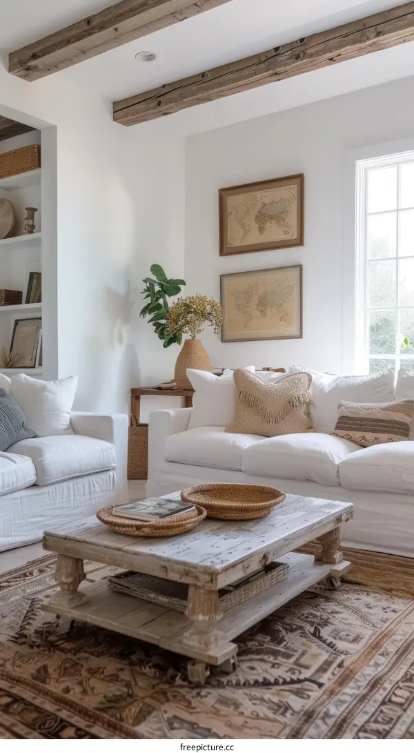 A cozy living room with a neutral color palette and natural materials