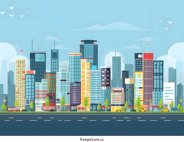 Cityscape Illustration of Downtown Skyline with Skyscrapers and Buildings
