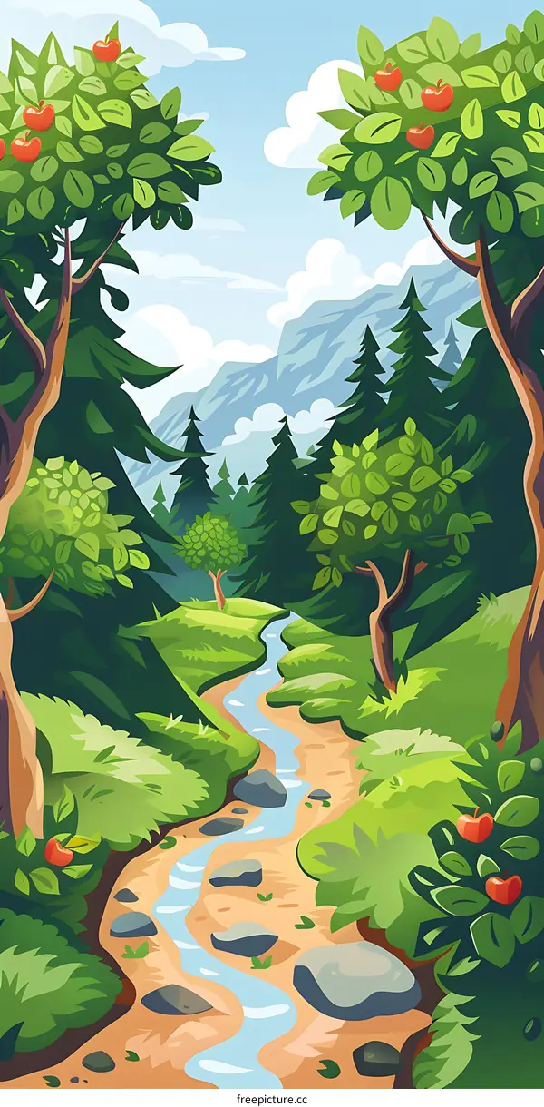 Summer Forest Landscape with Stream and Apple Trees