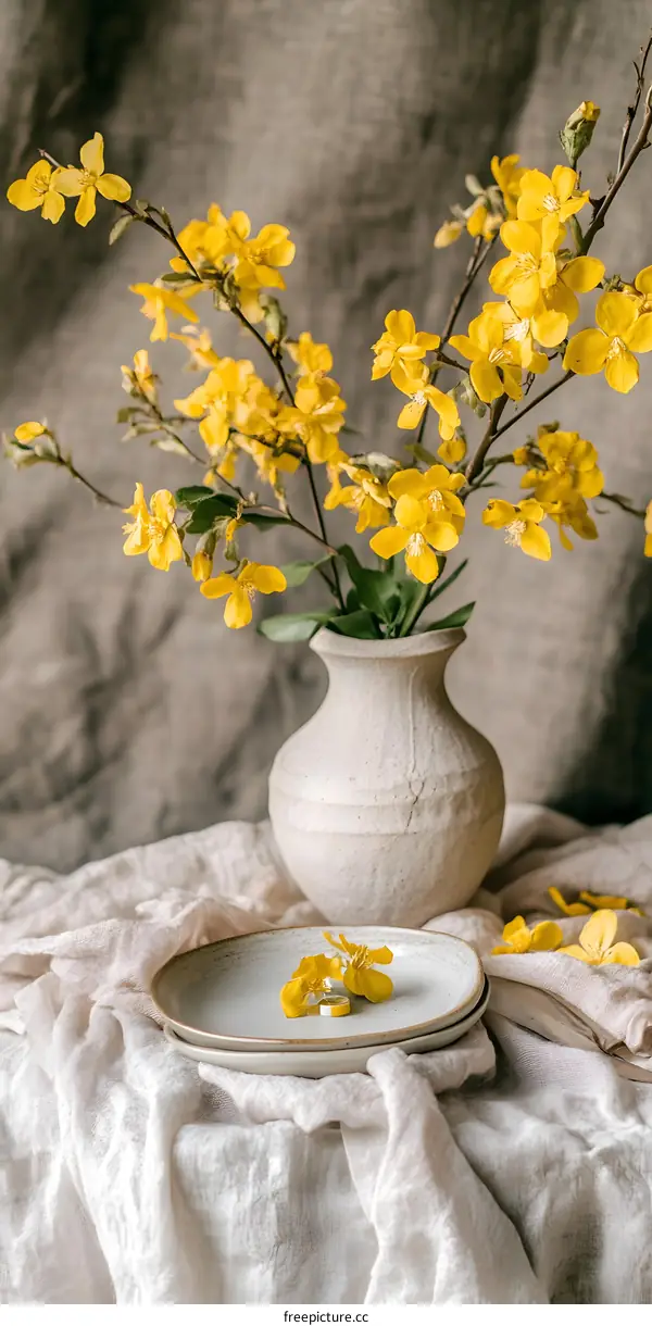 Yellow Flowers in a Vase on a Table with White Linen