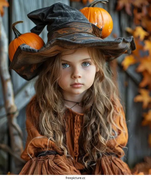 Little Girl Wearing Witch Hat with Pumpkins