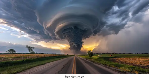 Powerful Tornado Approaching Rural Road