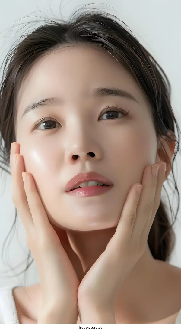 Beautiful Asian Woman With Clear Skin Touching Her Face