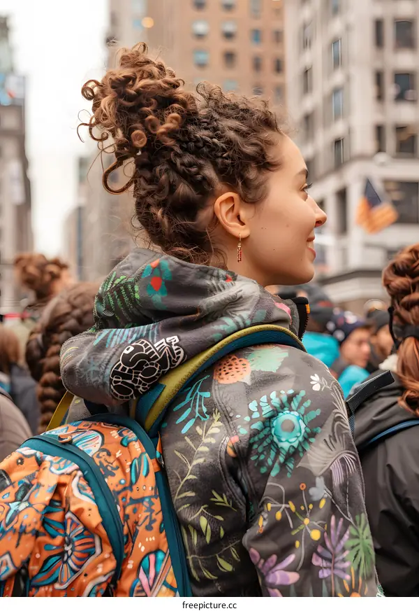 Young Woman with Curly Hair and a Colorful Backpack