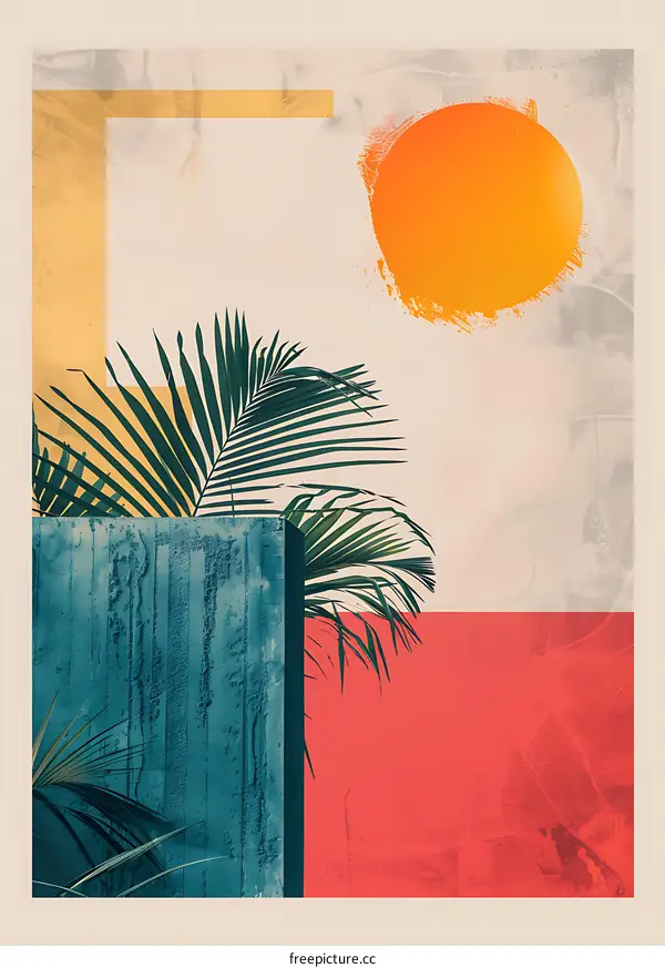 Tropical Minimalist Abstract Art Print with Palm Leaves and Sun