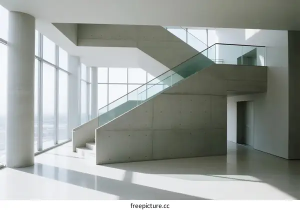 Modern Concrete Staircase with Glass Railing in Bright Room