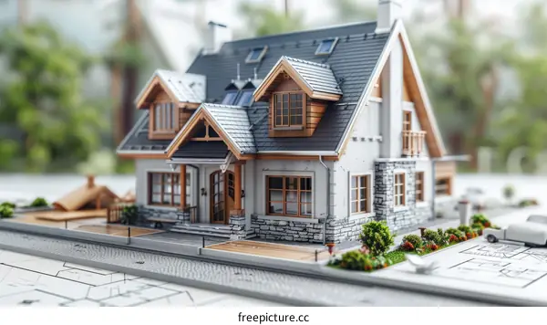 3D rendering of a beautiful house with a grey roof