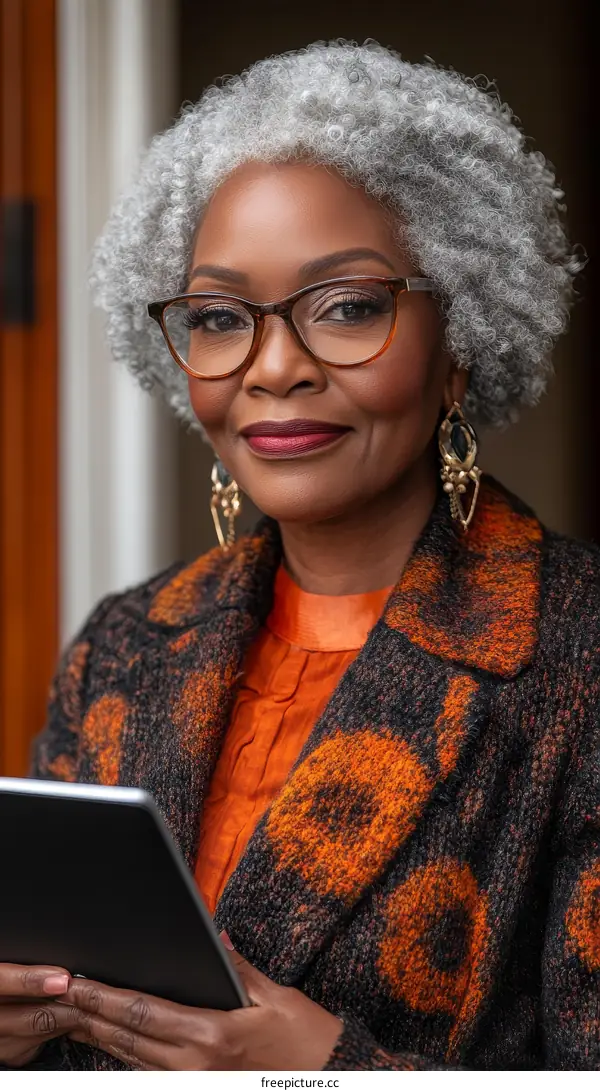 Portrait of a Woman with Gray Hair and Glasses Holding a Tablet