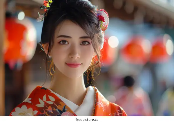Portrait of a beautiful Japanese woman in traditional kimono