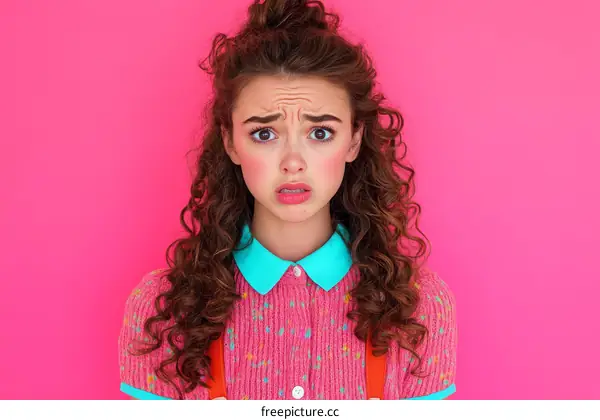 Teenage Girl with Upset Expression against Pink Background