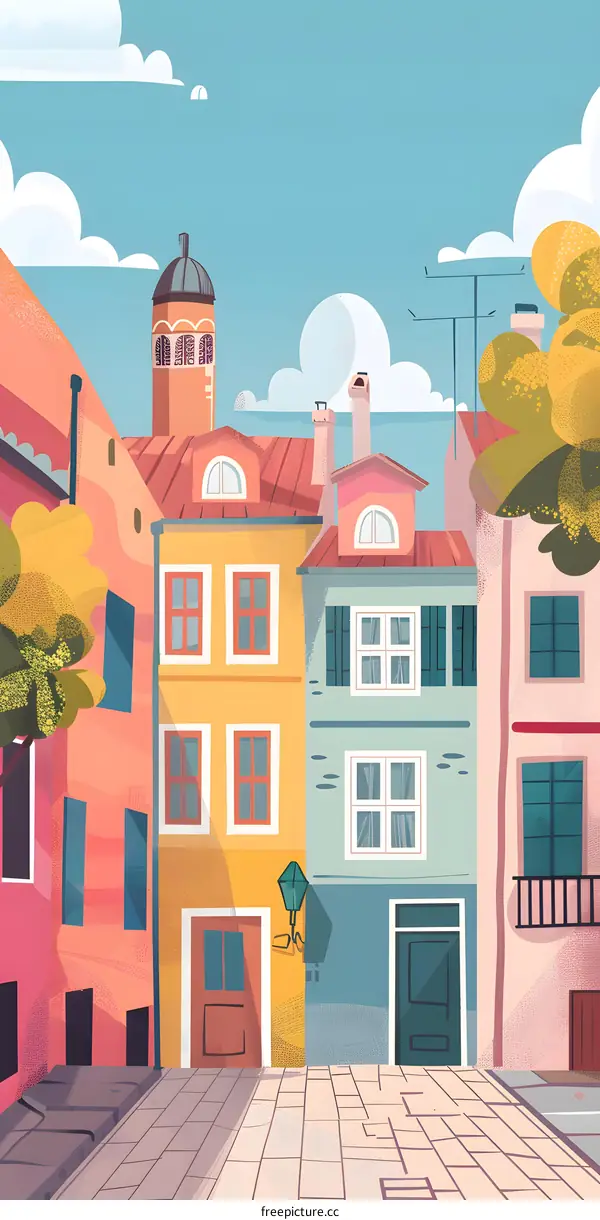 Colorful European City Street Illustration
