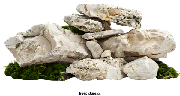 [Transparent Background PNG]Collection of Stacked Stones with Green Moss Isolated on White Background