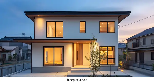 Modern Two Story White House with Black Windows in Japan