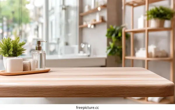 Wooden Tabletop in a Modern Bathroom Setting