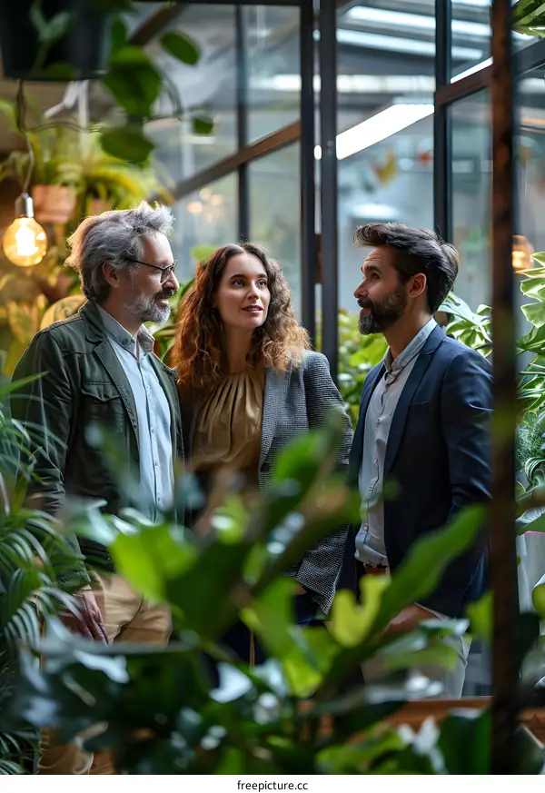 Three business people having a conversation in an office with plants