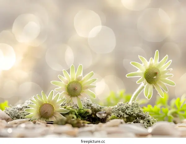 White Flowers on Mossy Rocks with Bokeh Background