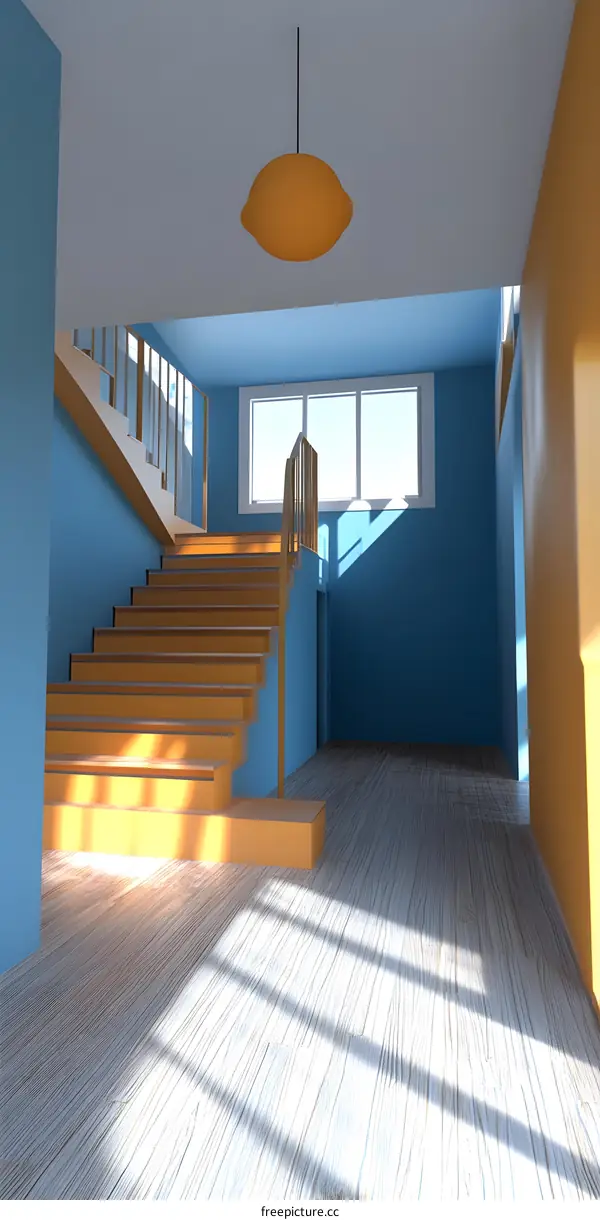 Modern Minimalist Interior Design with Wooden Stairs and Yellow Light