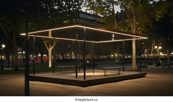 Modern Illuminated Pavilion in Urban Park at Night