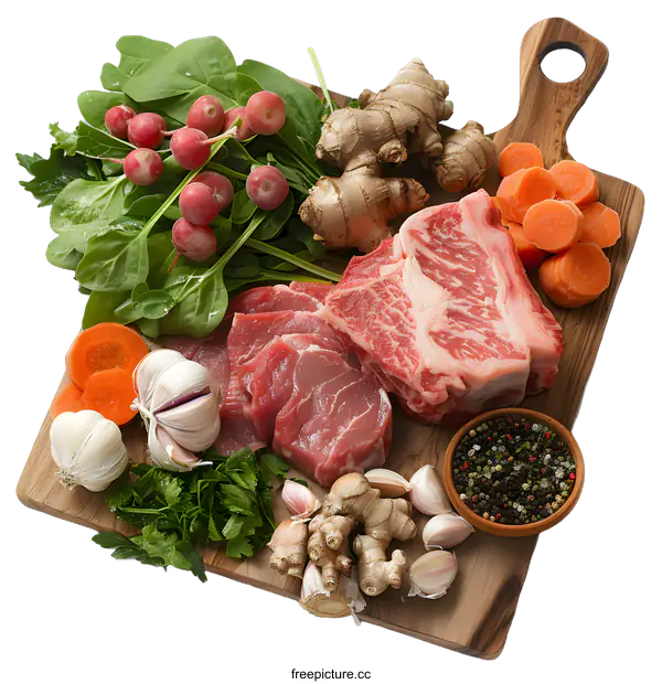 [Transparent Background PNG]Raw Beef Steak with Vegetables and Spices on Cutting Board