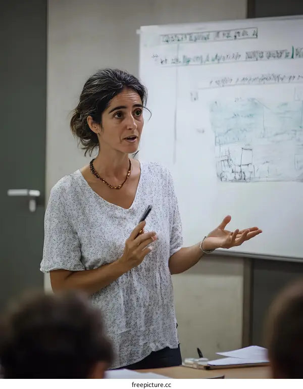 Woman Giving Presentation in Classroom with Whiteboard