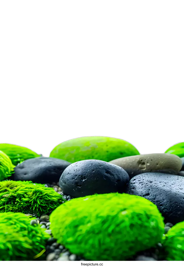 [Transparent Background PNG]Green Moss and Smooth Black Stones Spa Background