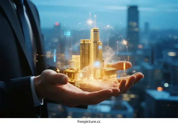 Business Person Holding Digital City Model with Connection Points