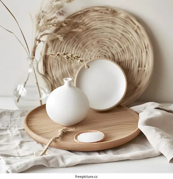 White Ceramic Vase on Wooden Tray with Beige Linen Fabric