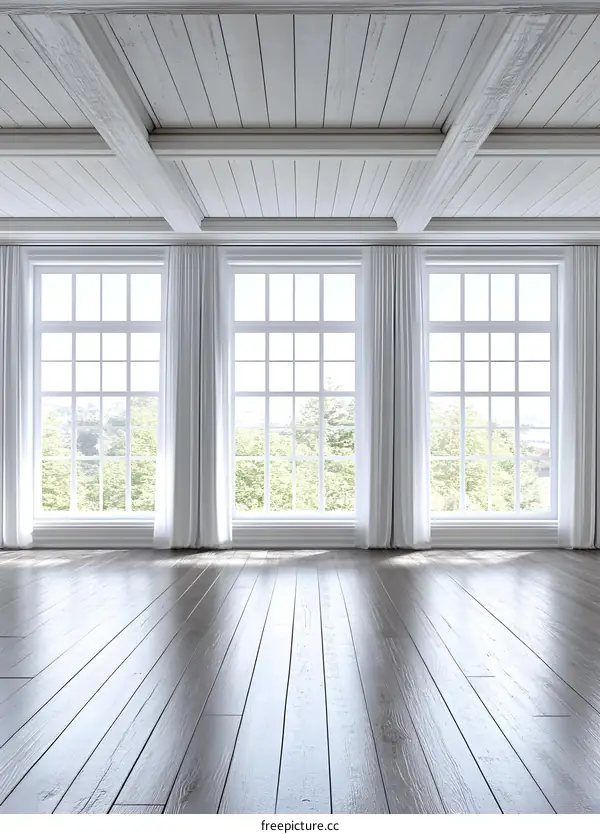 Empty Room with Large Windows and Wooden Floor
