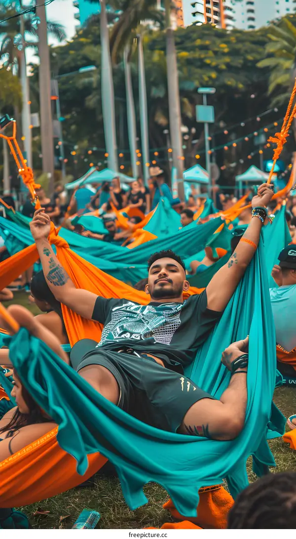 Man Relaxing in a Hammock at a Music Festival