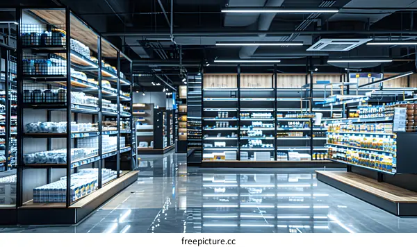 Grocery Store Interior with Shelving and Products