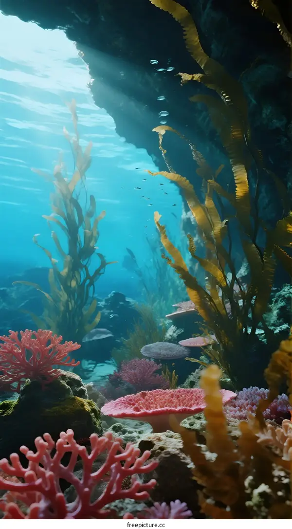 Underwater coral reef with vibrant marine plants and sunlight