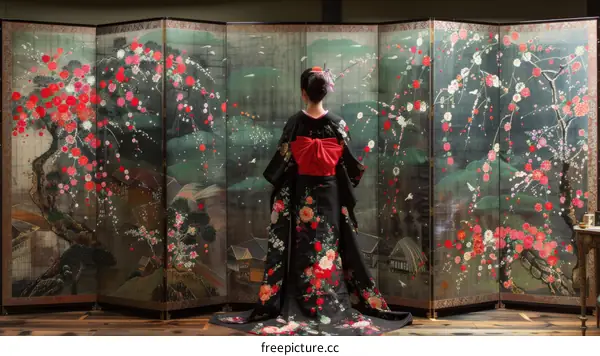 A woman wearing a kimono standing in front of a Japanese folding screen