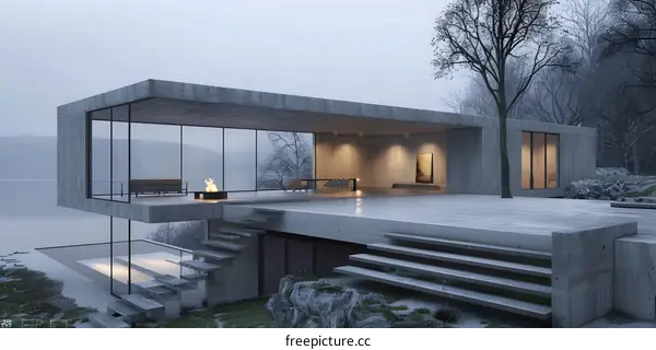 Modern Concrete House With Large Windows and Swimming Pool