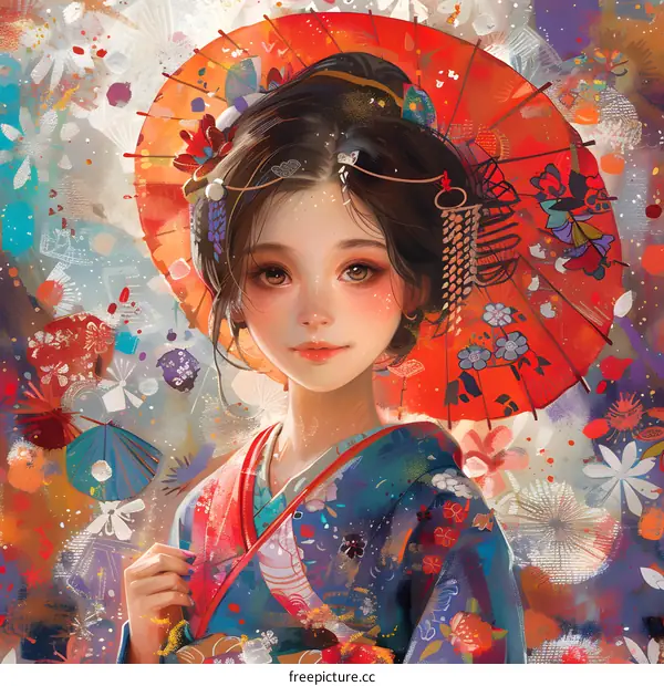 An Asian woman with traditional make up and hair wearing a kimono holding a red umbrella with colorful patterns