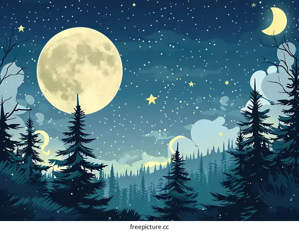 Night Sky with Full Moon and Stars Over Forest