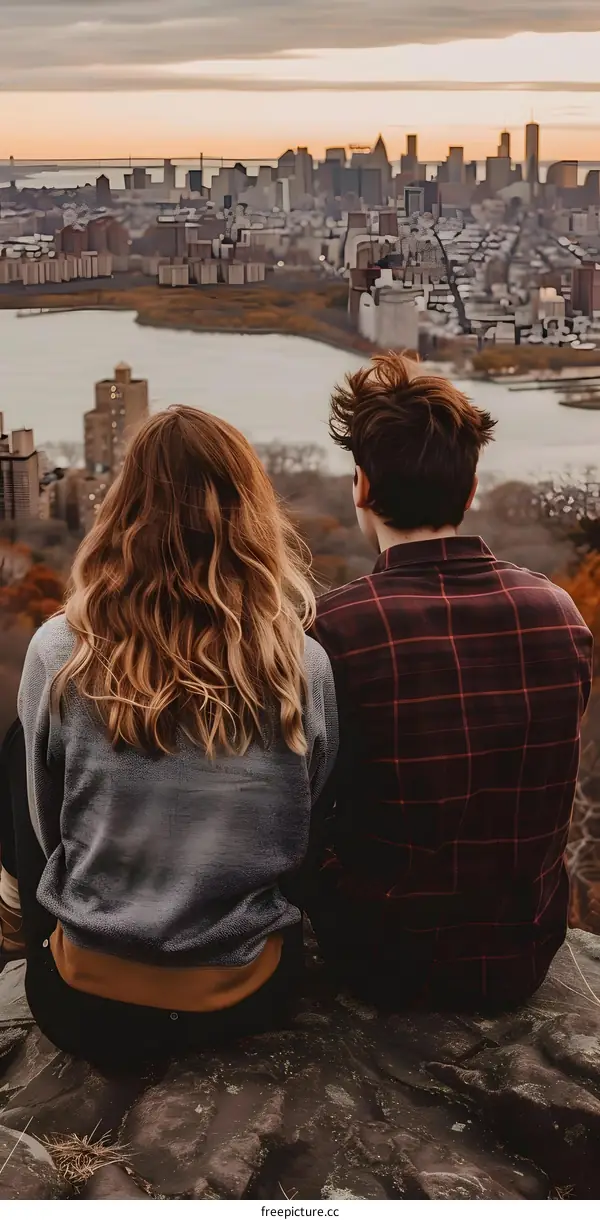 Couple Sitting On Rock With City Skyline In Background