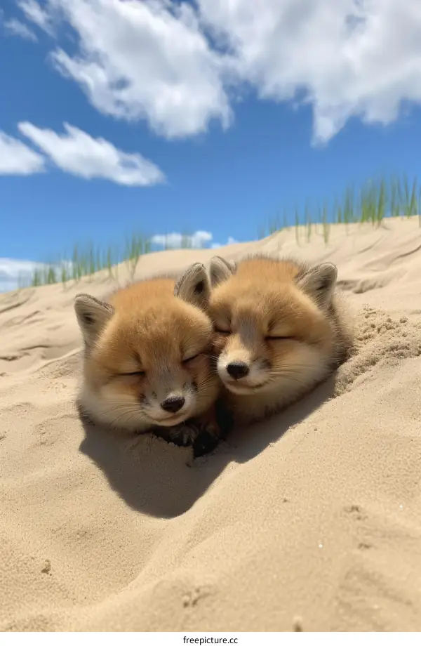Sleeping Fox Kits on a Sandy Dune