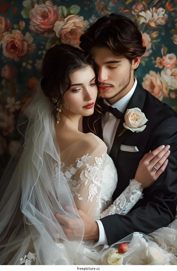 A newlywed couple in wedding dresses, taking wedding photos in the studio