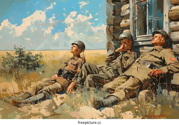 Three soldiers resting near a house