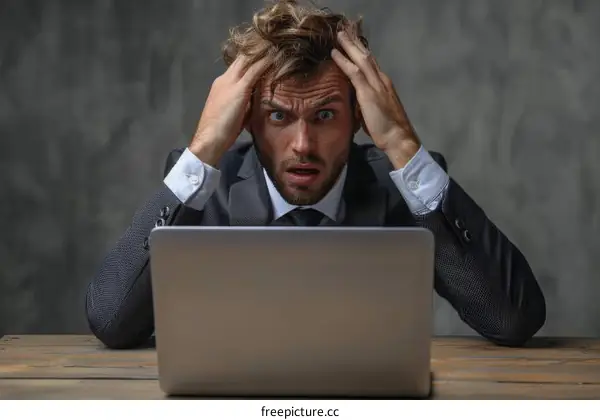 Shocked businessman looking at his laptop