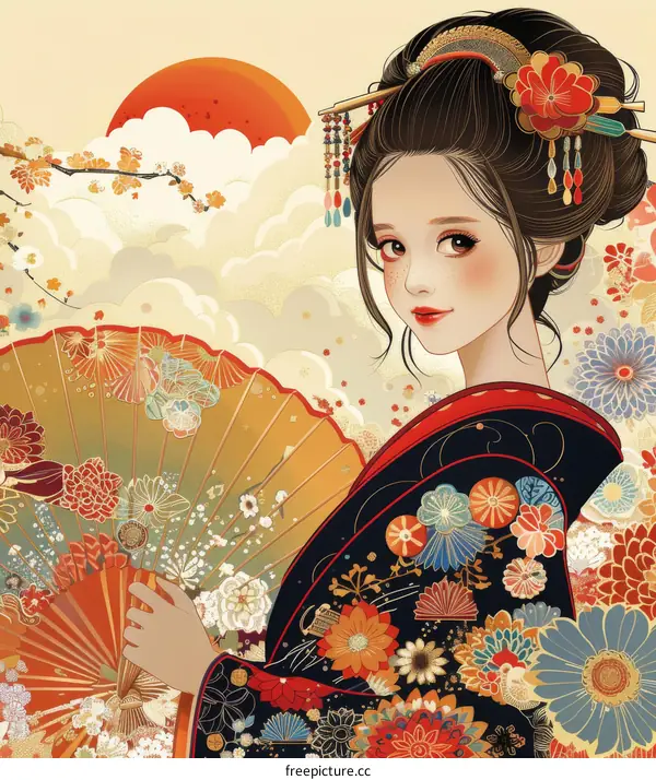 A beautiful Japanese woman in a kimono holding a fan with a floral pattern.