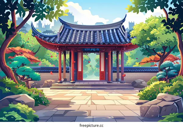 Chinese Garden Pavilion with Red Doors