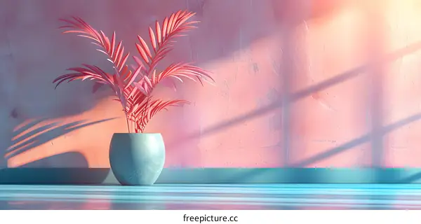 A potted plant in front of a pink background wall.