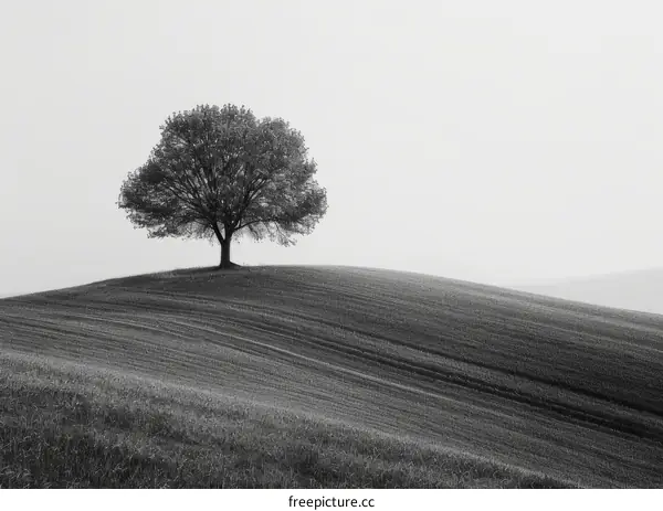 black and white photo of a lonely tree on a hill
