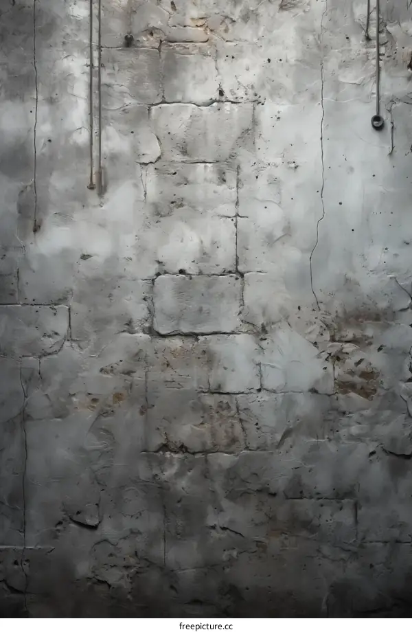 Old gray concrete block wall with cracks and peeling paint