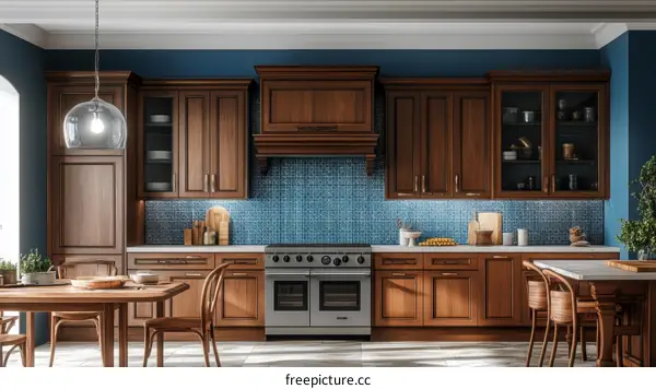 Classic Wooden Kitchen with Blue Tile Backsplash