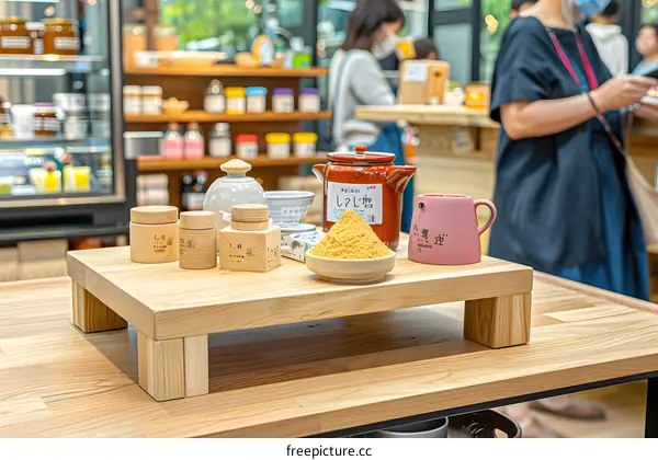Japanese Spices And Condiments On Wooden Display In Store